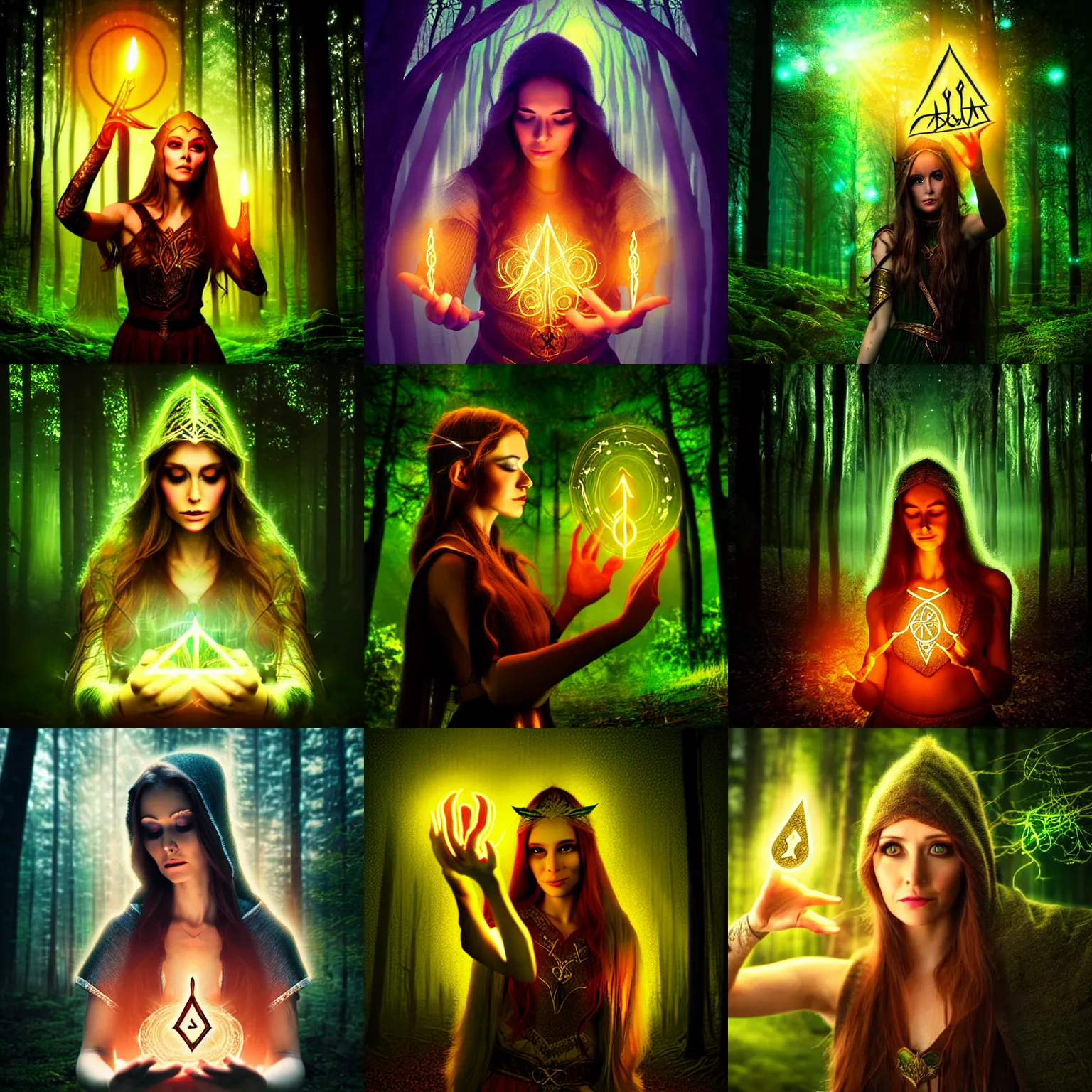 Prompt: elven woman casting a powerful spell, magic runes, forest, night, forest illuminated by magical effects, high quality digital art, gritty