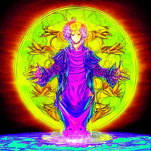 Prompt: psychedelic glowing cleric casting holy divine yellow spell , in the style of Greg Broadmore and junji ito and Arthur Rackham and Moebius, trending on artstation, light lighting side view,digital art,surrealism ,macro,blueprint ,vaporwave ,