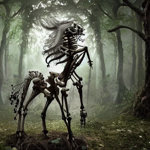 Prompt: a skeletal centaur in a magical forest, nekro style. Very detailed 8k