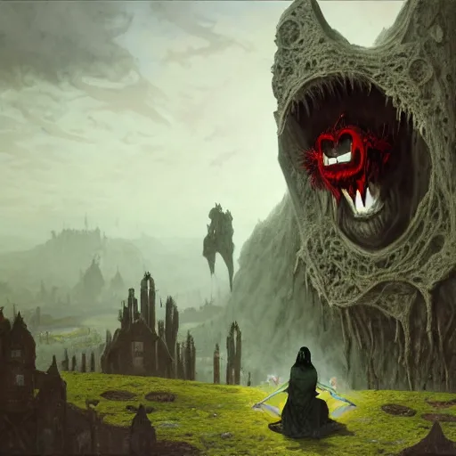 Image similar to An Evil Vampiric Mr. Bean sitting on the throne of hades, fullbody, intricate, demonic, video game art, highly detailed, artstation, green field with village ruins, concept art, smooth, sharp focus, illustration, art by greg rutkowski and orientalism and bouguereau and Zdzislaw Beksinski, good clear quality, lighting, biology, symmetrical artwork, perfect face, 135 mm, cinematic, hyper realism, high detail, octane render, 8k, chrome accents