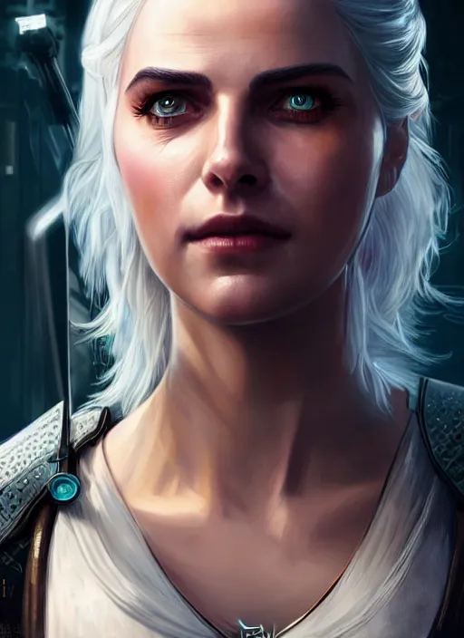 Image similar to portrait of Ciri from the Witcher as a character in Cyberpunk 2077, looking at camera, intricate, elegant, sci-fi, extremely detailed, digital painting, artstation, concept art, smooth, sharp focus, illustration, ambient lighting, incredible art by artgerm and greg rutkowski and alphonse mucha and simon stalenhag