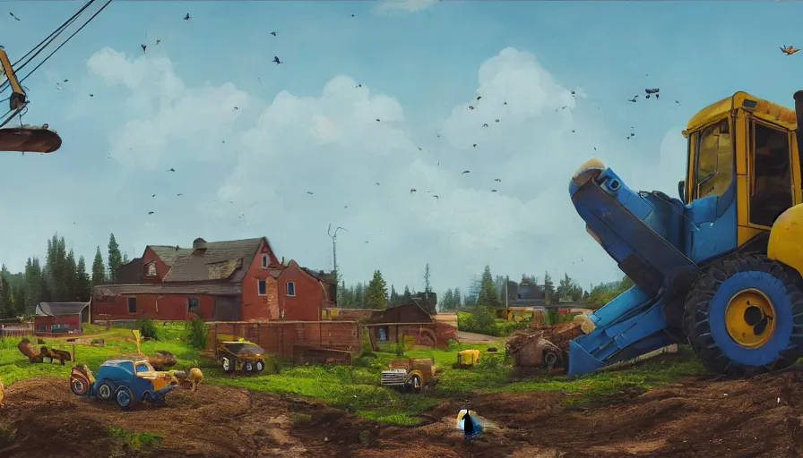 Image similar to a bulldozer accidently knocking over a chicken coop, matte painting, art station, blue sky, simon stalenhag