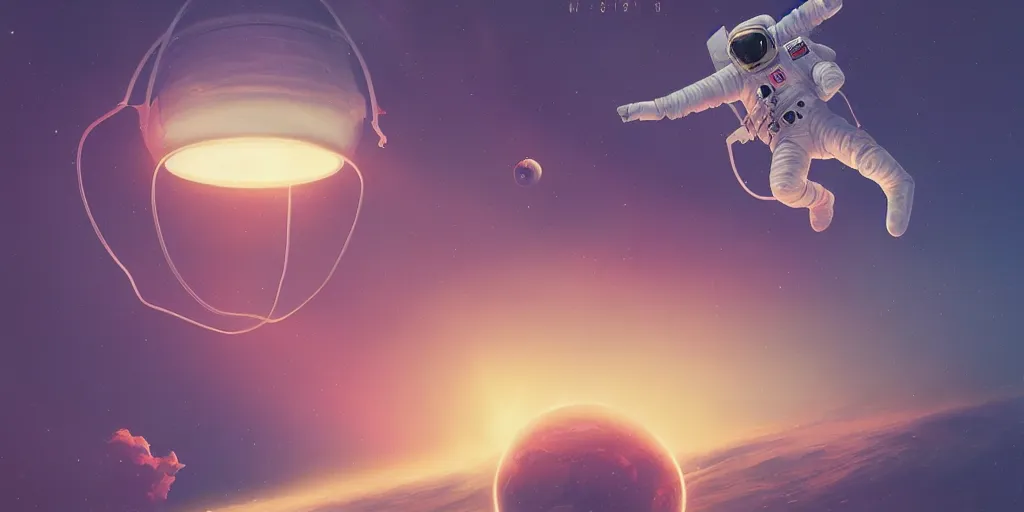 Image similar to a painting of an astronaut floating in space, poster art by mike winkelmann, behance contest winner, space art, sci - fi, poster art, 2 d game art