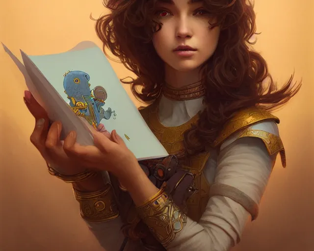 Image similar to hey duggee, holding a notepad and pencil, deep focus, d & d, fantasy, intricate, elegant, highly detailed, digital painting, artstation, concept art, matte, sharp focus, illustration, hearthstone, art by artgerm and greg rutkowski and alphonse mucha