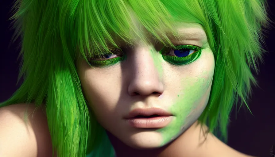 Prompt: headshot portrait, girl, green eays, multi - colored hair, a tear on his cheek, ultra realistic, hyperrealism, perfect faces, fine details, by brom, by gerald, 4 k, octane render, unreal engine