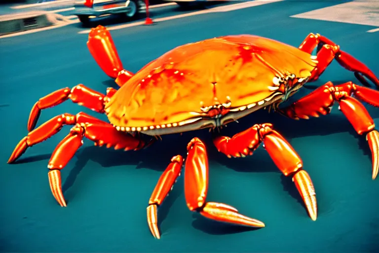 Image similar to 2 0 1 5 cute giant crab terrorizing a city, googie city, americana, fishcore, hd 8 k, photography cinestill