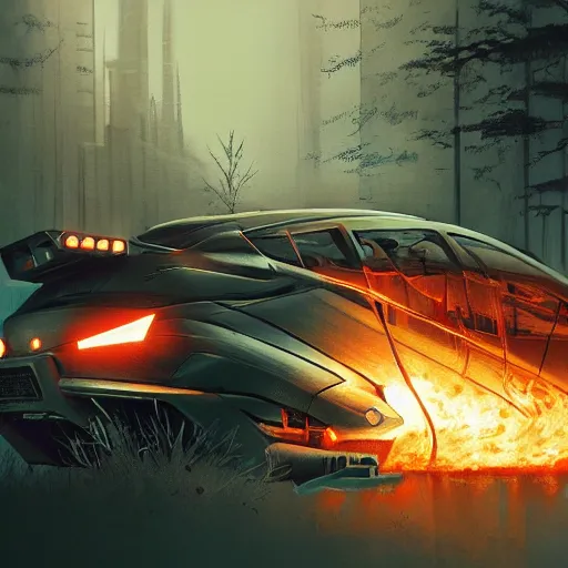 Prompt: { cyberpunk car on fire in the middle of the woods }, stylized, artgerm, artstation, hd, cgsociety, cgi, realistic, dramatic, cinematic, artistic, trending, detailed
