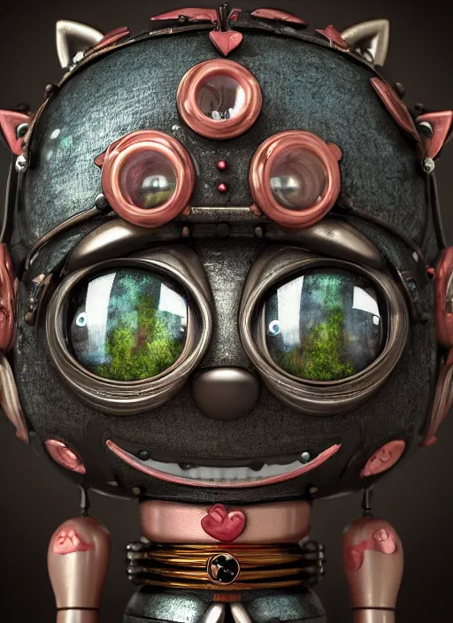 Image similar to closeup portrait of tin toy robot kitty trap, depth of field, zeiss lens, detailed, symmetrical, centered, fashion photoshoot, by nicoletta ceccoli, mark ryden, lostfish, breathtaking, 8 k resolution, extremely detailed, beautiful, establishing shot, artistic, hyperrealistic, octane render