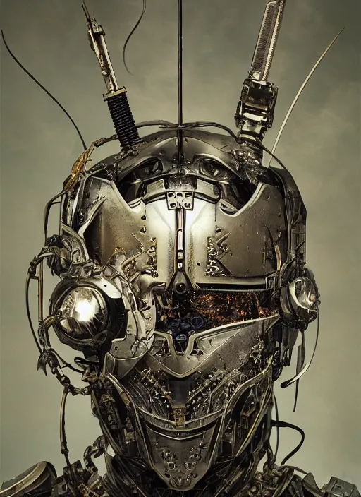 Image similar to portrait of futuristic king arthur knight district 9 cyborg, kintsugi, x - ray, steam and cyberpunk, modern fine art, fractal, intricate, elegant, highly detailed, digital photography, subsurface scattering, by jheronimus bosch and frank miller and greg rutkowski,