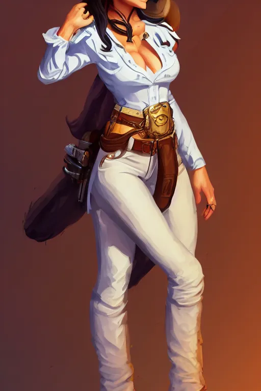 Image similar to full body, female cowgirl, perfect face, white blouse, holster, 8 k, magic the gathering, desert, d & d, artstation, high detail, smooth, sweaty character concepts by senior concept artist