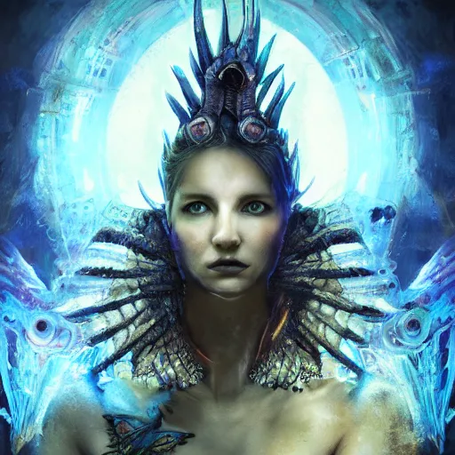Prompt: beautiful dragon queen portrait, fantasy, dystopian, phoenix dragon, armor, future, cyberpunk, butterfly squid, burning halo, intricate artwork by Guy Denning and Anna Dittmann very coherent artwork, cinematic, hyper realism, high detail, octane render, unreal engine, 8k, Vibrant colors, Smooth gradients, High contrast, depth of field,