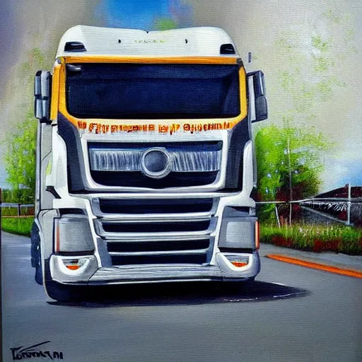 Image similar to an awesome painting with a camion by peter klasen