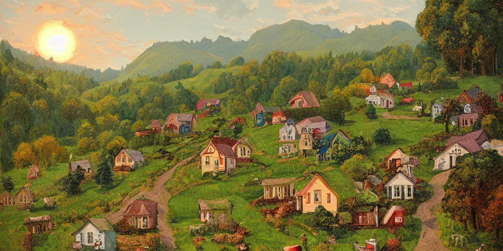 Prompt: A beautiful country village with hill, houses, trees, farm, painted by of Grandma Moses and Dan Mumford, fine detailed, trending on artstation,