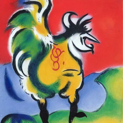 Image similar to a rooster and a goat in the style of marc chagall