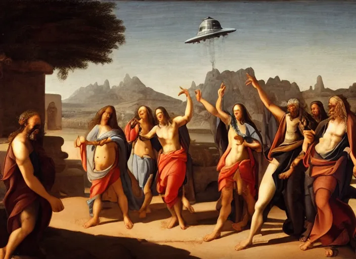 Prompt: : „a painting of a group of people outside in tropical desert Atlantis city pointing at a UFO in the sky, an ultrafine detailed painting by Giovanni Paolo Pannini, cg society, renaissance, da vinci, detailed painting, academic art“