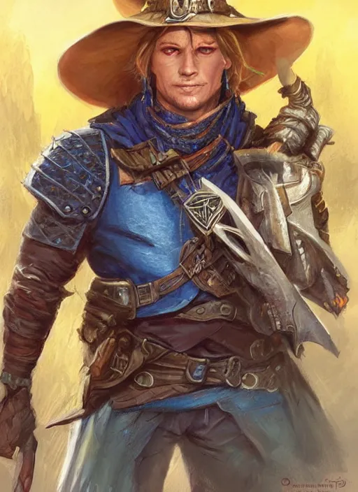 Image similar to gunslinger, dndbeyond, bright, colourful, realistic, dnd character portrait, full body, pathfinder, pinterest, art by ralph horsley, dnd, rpg, lotr game design fanart by concept art, behance hd, artstation, deviantart, hdr render in unreal engine 5