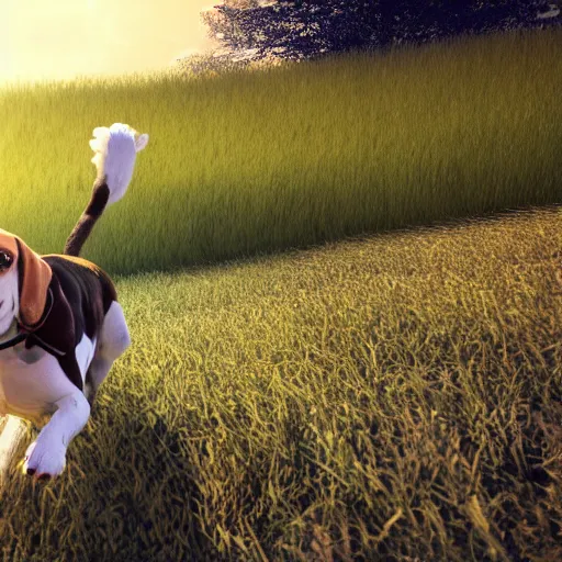 Prompt: landscape beagle running in a field . intricate artwork by art-station. octane render, cinematic, hyper realism, 8k, depth of field.