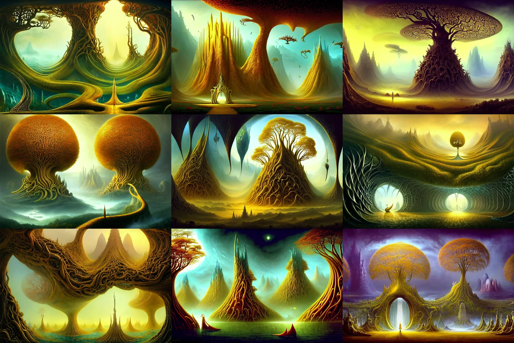 Prompt: a beautiful epic stunning amazing and insanely detailed matte painting of alien dream worlds with surreal architecture designed by Heironymous Bosch, behold the great golden tree Glasir at the gates of Valhalla, mega structures inspired by Heironymous Bosch's Garden of Earthly Delights, vast surreal landscape and horizon by Cyril Rolando and Andrew Ferez and Charlie Bowater and Thomas Kinkade, masterpiece!!, grand!, imaginative!!!, whimsical!!, epic scale, intricate details, sense of awe, elite, wonder, insanely complex, masterful composition, sharp focus, dramatic lighting