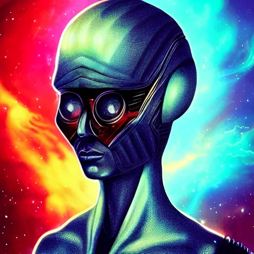 Prompt: portrait from a avian alien species, synthwave, universe background, nebula, galaxy, artstation