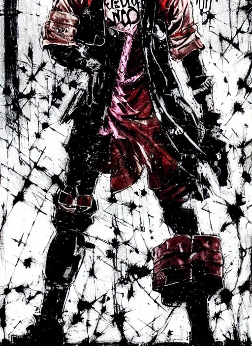 Image similar to Noi from Dorohedoro standing on the street, anime, rain, fog, artstation, trending on Yoji Shinkawa style