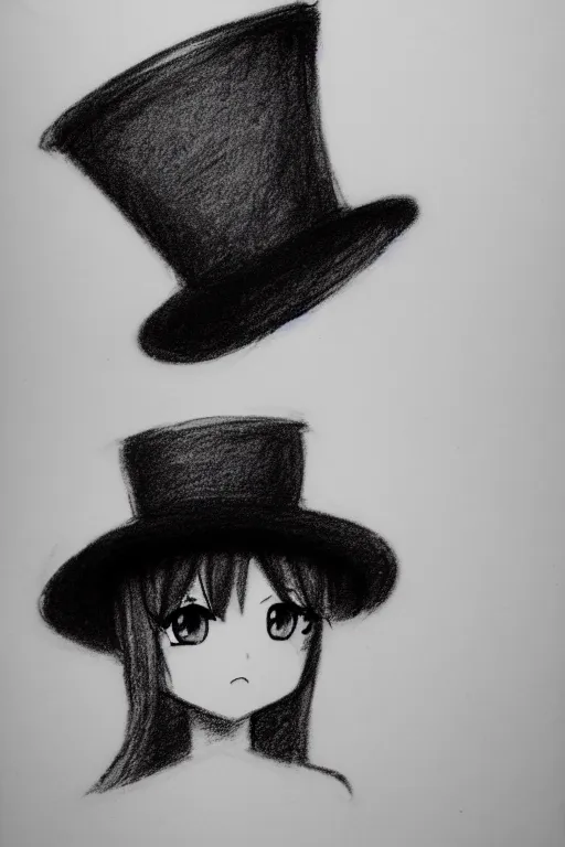 Image similar to cute loli in a tall black top hat, face profile, pencil sketch, gray scale, anime style