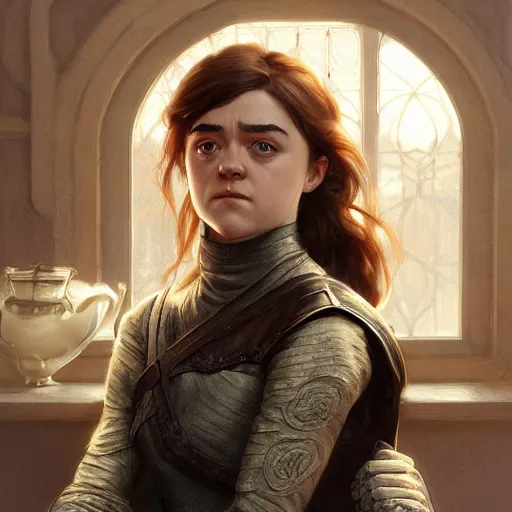 Image similar to ultra realistic illustration, maisie williams, intricate, elegant, highly detailed, digital painting, artstation, concept art, smooth, sharp focus, illustration, art by artgerm and greg rutkowski and alphonse mucha