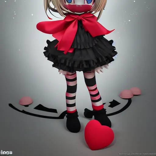 Image similar to cute fumo plush of a void imp who crawled out a hole in reality, anime girl, black and red, green ribbon and heart, ruffled and tattered dress, symmetry, gothic, vray