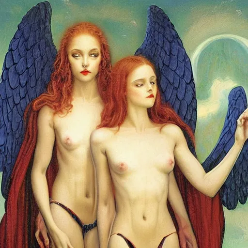 Prompt: Two angels looking at the mirror beautiful artwork by Gerald Brom