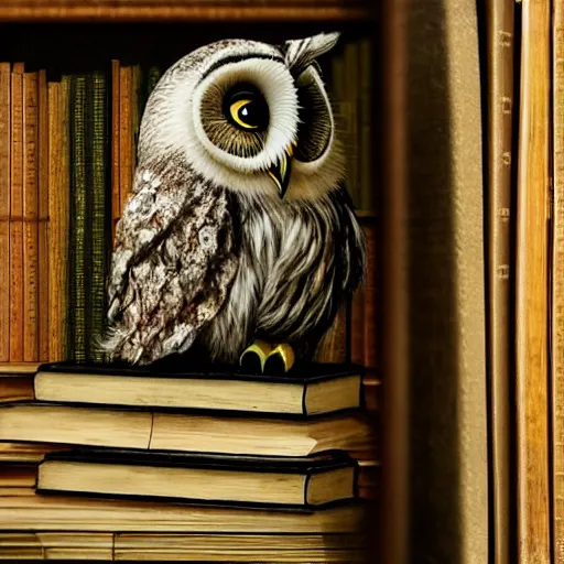 Prompt: long shot of a very cute plush and sleepy owl sitting on a pile of antique books, by naoto hatori, by yoshita amano, by esao andrews, fancy illustration hyperrealistic, big depth of field, fresh colors, moody evening light, 3 d octane render conceptart, 4 k, highly detailed, trending on artstation