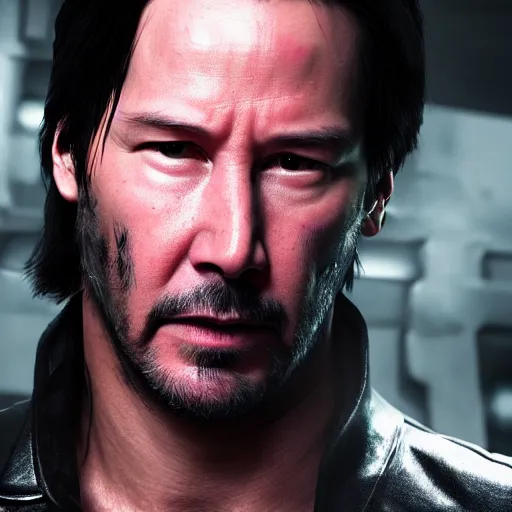 Image similar to Keanu Reeves as terminator , muscle extremely detailed, fantastic details full face, mouth, trending on artstation, pixiv, cgsociety, hyperdetailed Unreal Engine 4k 8k ultra HD, WLOP