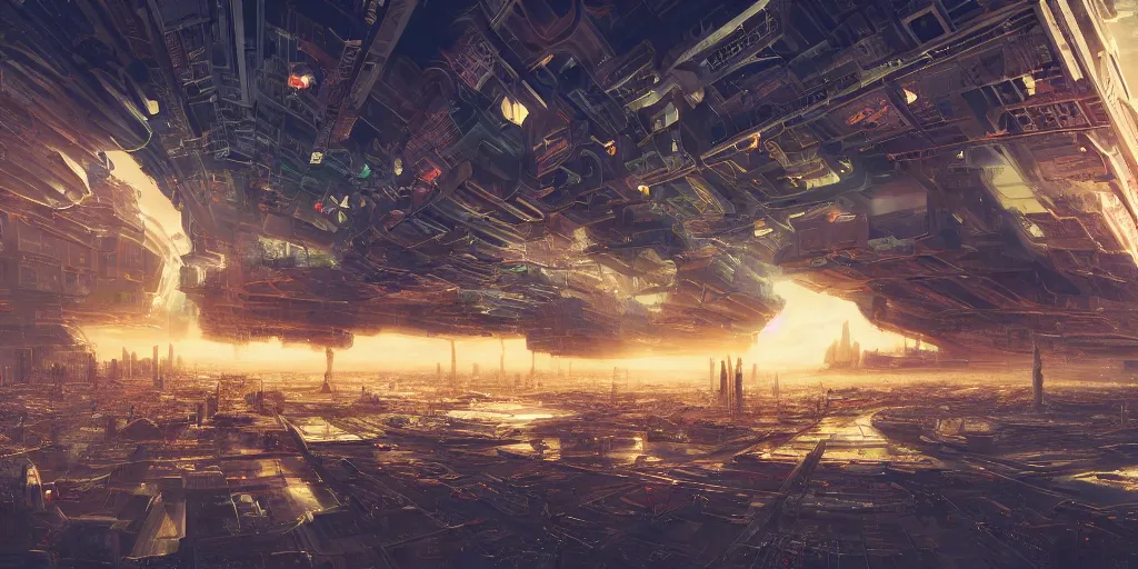 Prompt: a huge bustling futuristic space station at the edge of the universe, filled with people and shops and bars and neon signs, where the horizon of apocalypse of the gods clashes upon, megastructure, immaculate highly detailed gloss rendering, marc simonetti, shinkai makoto, federico pelat, alena aenami, donna haraway