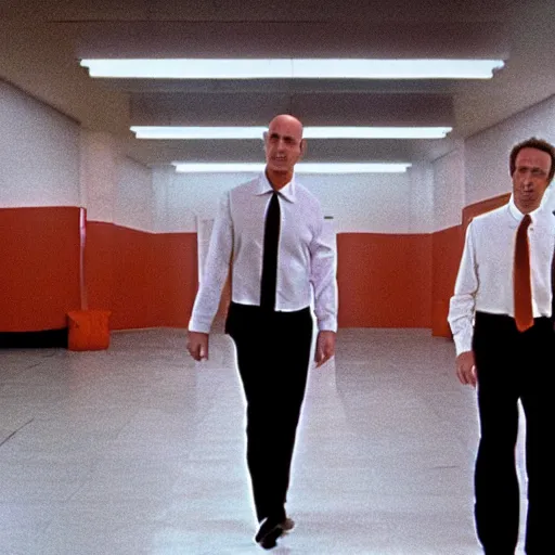 Image similar to jeff bezos as mr orange in reservoir dogs, opening credits, group walking together, 3 5 mm film, high quality film, big screen, cinematic