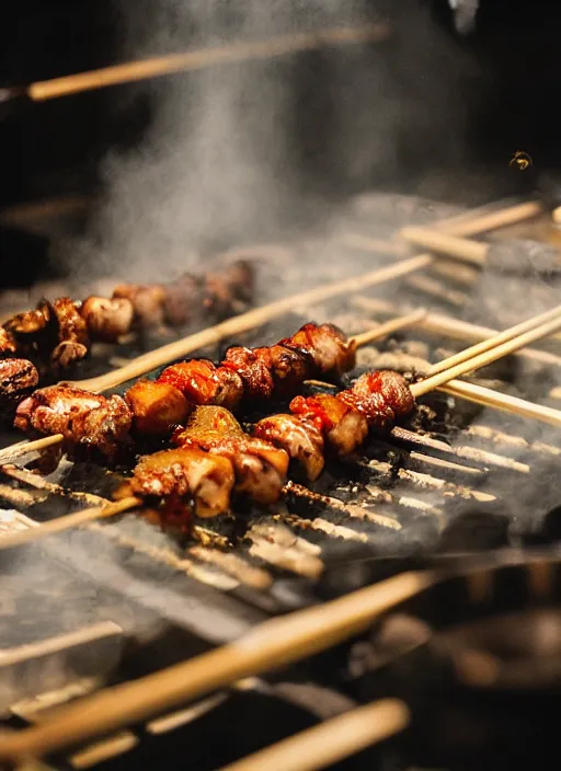 Image similar to a 2 8 mm macro photo from the back of a yakitori chef cooking in a commercial kitchen, splash art, movie still, bokeh, canon 5 0 mm, cinematic lighting, dramatic, film, photography, golden hour, depth of field, award - winning, anamorphic lens flare, 8 k, hyper detailed, 3 5 mm film grain