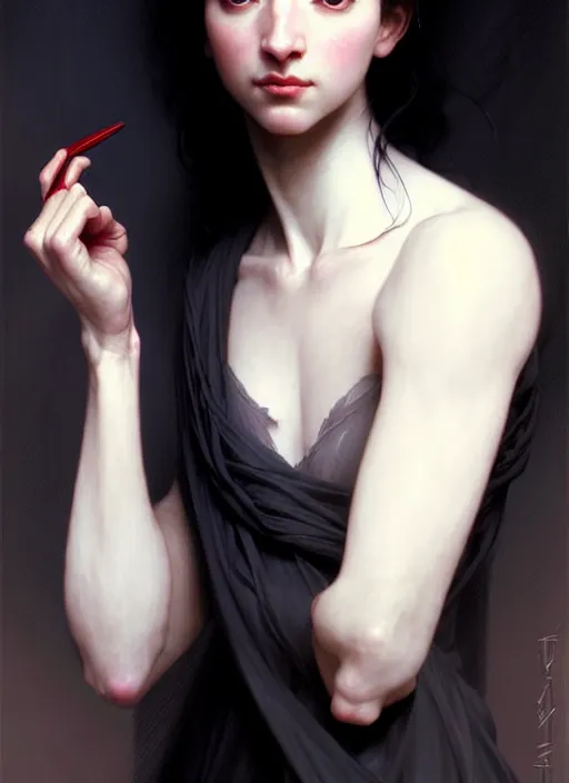 Image similar to character concept portrait of an attractive young Spanish female wizard with pale skin, dark vibe, intricate, elegant, digital painting, concept art, smooth, sharp focus, illustration, from Metal Gear, by Ruan Jia and Mandy Jurgens and William-Adolphe Bouguereau, Artgerm,