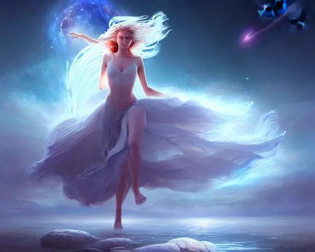 Prompt: a lone beautiful ethereal spirit floating running quicklly with both legs along the shimmering crystalline shores of eternity, universe and planets and stars in the sky, unusual surreal, gorgeous artwo 6 rk by artgerm, rutkowski, wlop, detailed, dramatic lighting