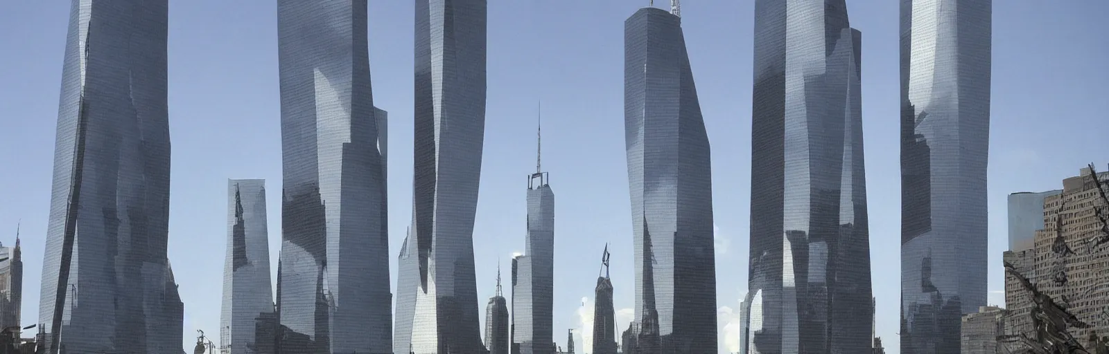 Prompt: the twin towers become the legs of giant robots