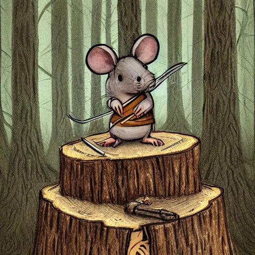 Prompt: a mouse with a sword sits on a stump, deep forest, mouse in clothes, by rivuletpaper, rivuletpaper art, MouseGuard by David Petersen, small details, realistic illustration,