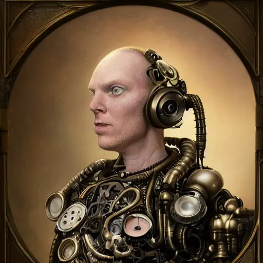 Image similar to a beautiful intricate fine art portrait photo of a a mechanical industrial steampunk cybernetic Bill Burr, by tom bagshaw and zach sutton, perfection!, milk bath photography, studio lighting, 35mm lens, very detailed, bionic, cybernetic scifi, deep depth of field, artstation, 8K, highly coherent