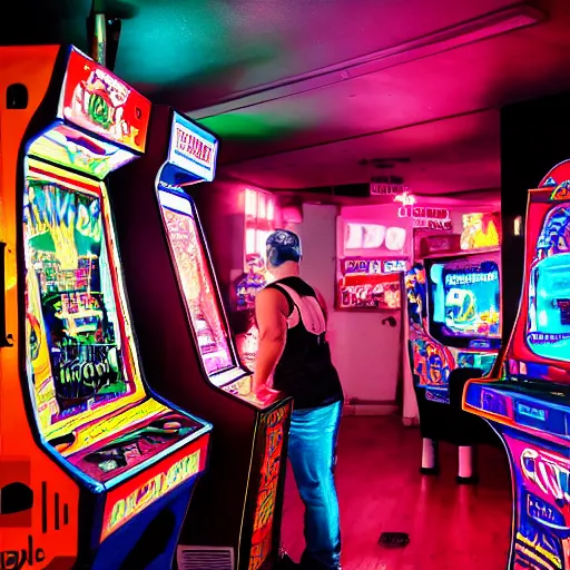 Image similar to A busy arcade, 80's, by Kung Fury, vaporware, XF IQ4, 150MP, 50mm, F1.4, ISO 200, 1/160s, natural light
