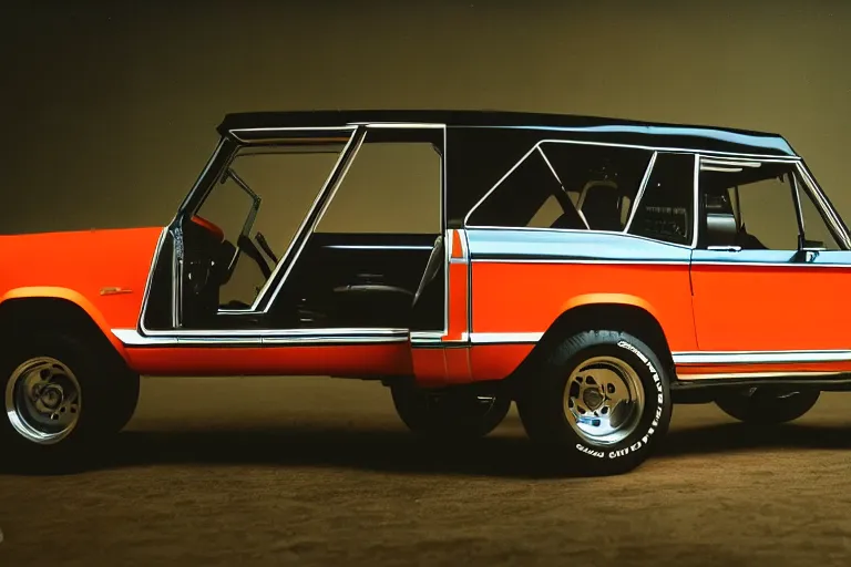 Image similar to designed by Giorgetto Giugiaro stylized poser of a single, 1973 Bronco, thick neon lights, ektachrome photograph, volumetric lighting, f8 aperture, cinematic Eastman 5384 film