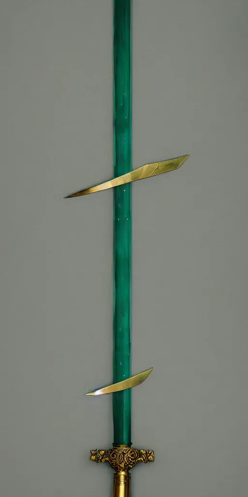 Image similar to photograph of a wide green and teal crystal sword blade attached to a big gold sword hilt