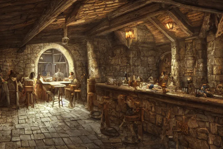 Image similar to A medieval tavern viewed from the inside, texture, intricate, details, highly detailed, masterpiece, architecture, building, trending on artstation, focus, sharp focus, concept art, digital painting, fantasy, sunny, day, midday