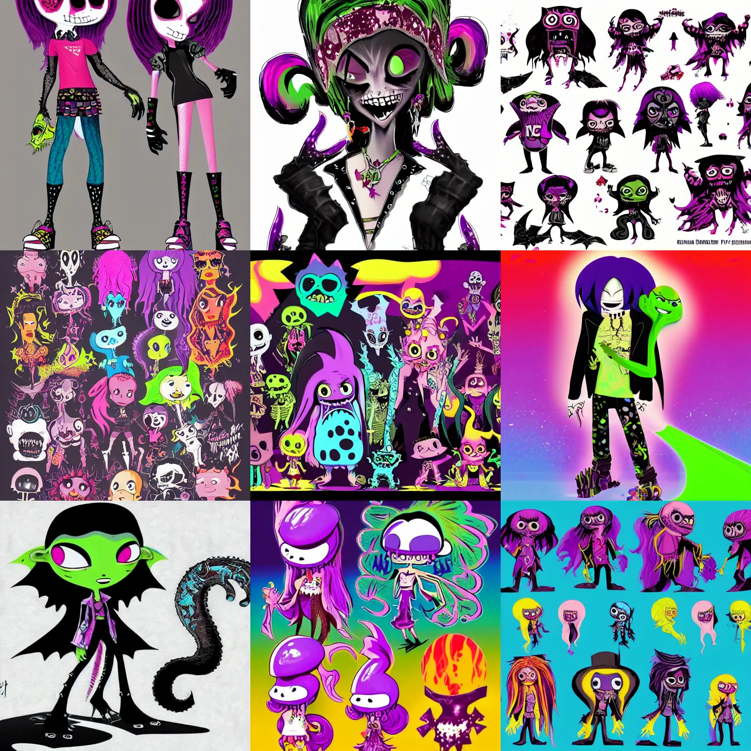 Prompt: lisa frank gothic punk vampiric rockstar vampire squid concept character designs of various shapes and sizes by genndy tartakovsky and the creators of fret nice at pieces interactive and splatoon by nintendo and the psychonauts by doublefine tim shafer artists for the new hotel transylvania film managed by pixar and overseen by Jamie Hewlett from gorillaz