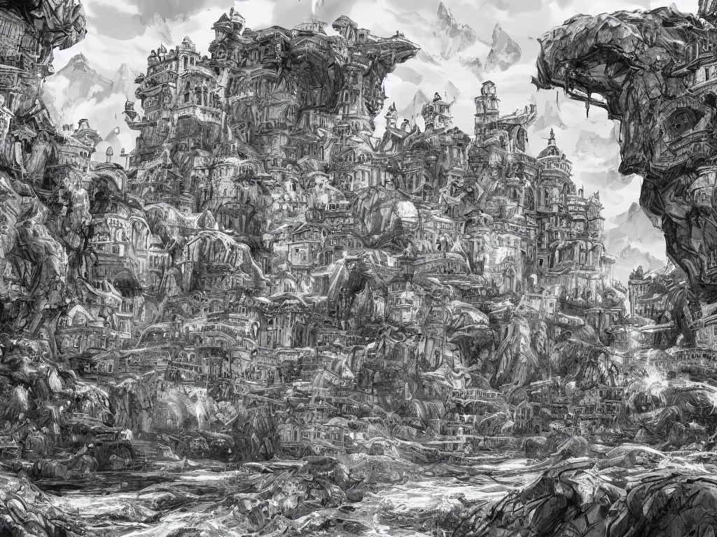 Image similar to concept art of looming crooked ancient town, artstation, ink, line art, black white, rolling hills, waterfall, river, overwhelming, extremely detailed, dominating palace with white walls on top of the hill center