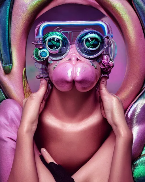 Image similar to natural light, soft focus portrait of a cyberpunk anthropomorphic frog with soft synthetic pink skin, blue bioluminescent plastics, smooth shiny metal, elaborate ornate head piece, piercings, skin textures, by annie leibovitz, paul lehr