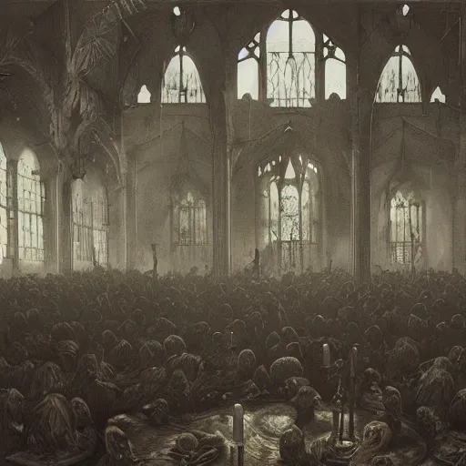 Prompt: a hyperrealistic painting of a satanic cult gathering in a derelict victorian parlour, stained glass windows, by john kenn mortensen and zdzislaw beksinski, highly detailed, vivid color,