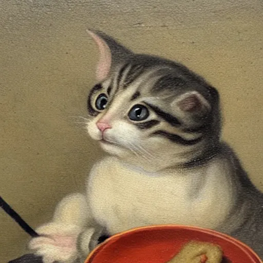 Prompt: an 1 8 th century highly detailed oil painting of a kitten wearing a chefs outfit