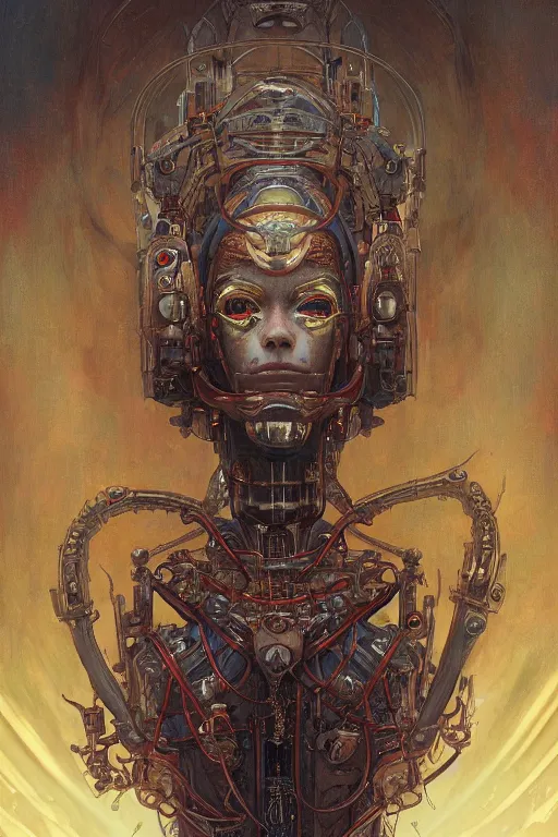 Image similar to portrait of mad alien robot queen, symmetrical, by yoichi hatakenaka, juan gimenez, brom, karol bak, alphone mucha, gustave dore, james jean, cgsociety and artstation, hd, 4 k, clear line