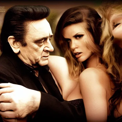 Image similar to Johnny Cash being hugged by playboy women, realistic, 8k resolution, hyperdetailed, highly detailed, real life, studio lighting, high quality, dramatic shot,