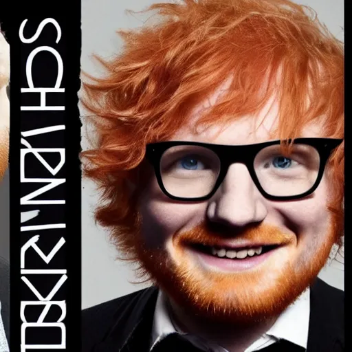 Prompt: Ed Sheeran and Ed Sheeran facing Steve Harvey face to face on wrestling poster, magazine scan